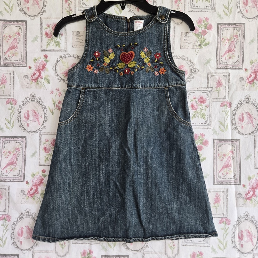 Gymboree Vintage Denim Dress with Embroidered Floral Heart Rhinestone Size 7